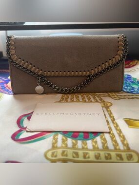 Stella McCartney Taupe Vegan Fold-Over Clutch with Silver Chain